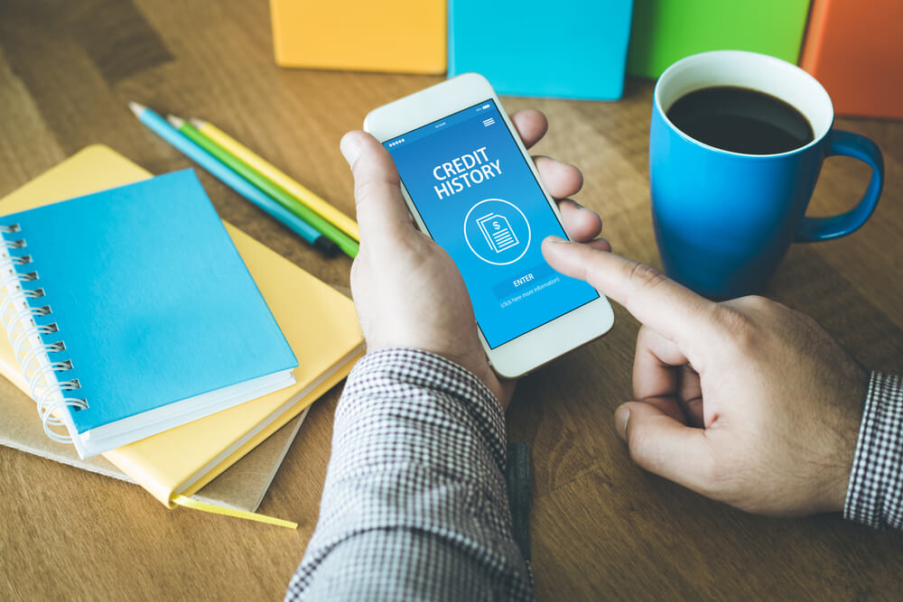 Man Using a Phone With Credit History Concept on Screen